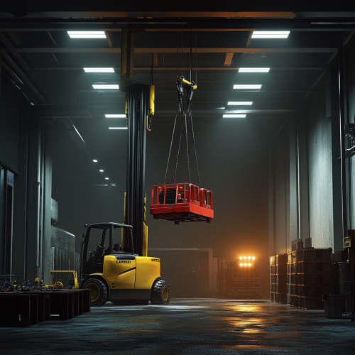Crane lifting red forklift in bright shop floor.