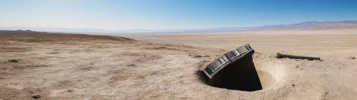 Crashed satellite in desert hole under sunny sky.