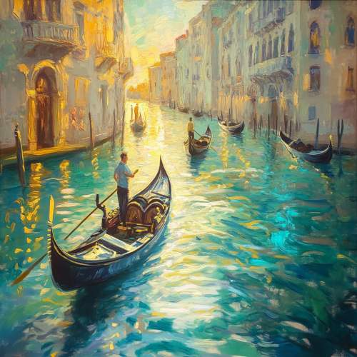 Crayon drawing of gondoliers' reflections in Venice waters.