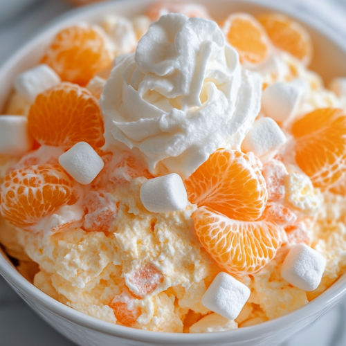 Creamsicle fluff dessert with mandarin oranges and marshmallows