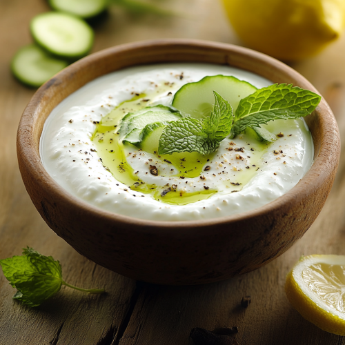 Creamy cucumber yogurt soup in rustic bowl with mint