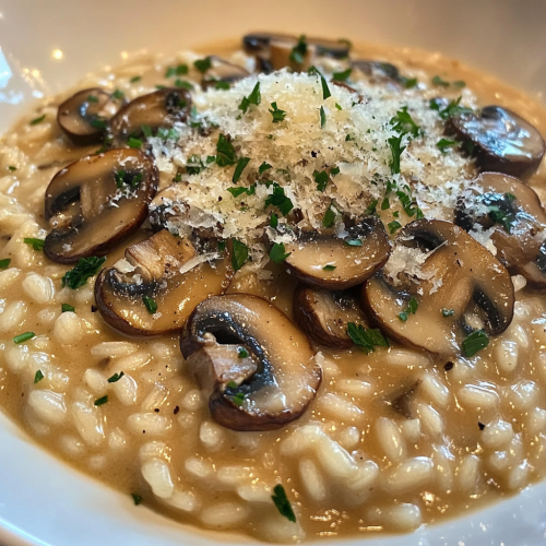 Creamy mushroom risotto topped with parmesan and parsley