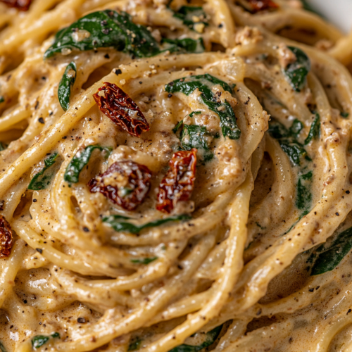 Creamy pasta with sun-dried tomatoes and spinach in bowl