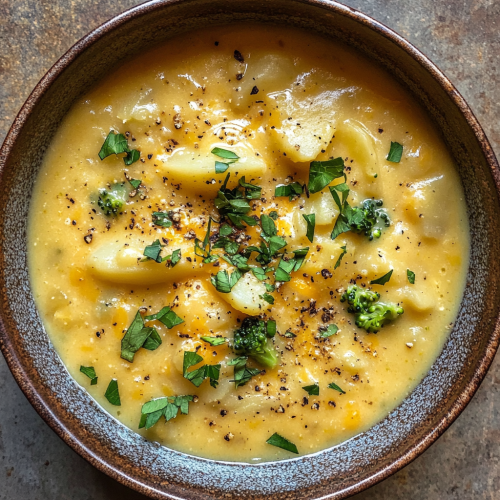 Rustic Photograph of Potato Broccoli Cheddar Soup