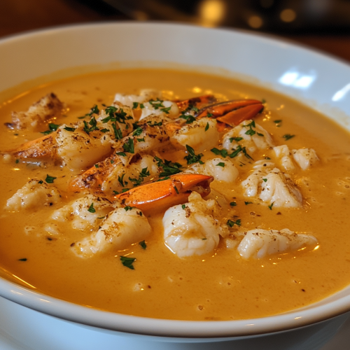 Creamy seafood bisque with crab, shrimp, lobster garnished