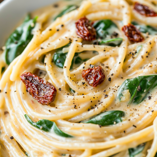 Creamy spaghetti with spinach, sun-dried tomatoes in cream sauce