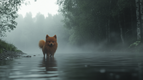 Create 4K image of Pomeranian walking in gloomy fog.