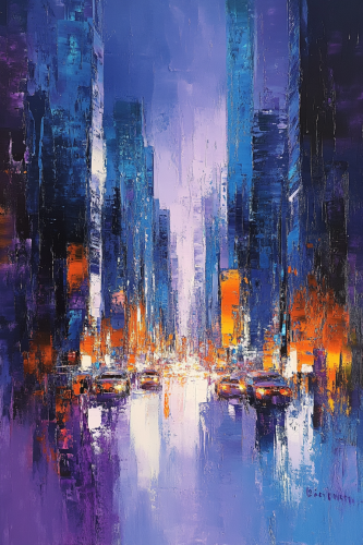 Create abstract canvas of city at dusk: energy, elegance. Create abstract canvas of city at dusk: energy, elegance.