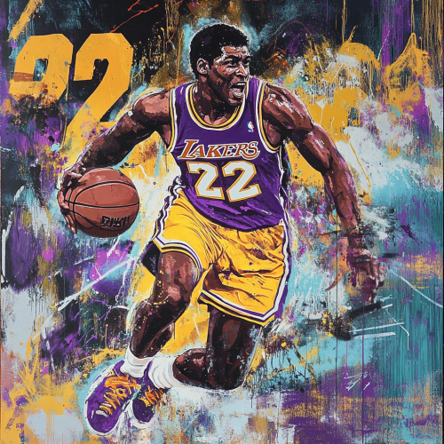 Create vibrant graffiti mural of Magic Johnson.