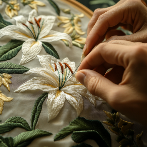 Creating lily flower design on beige silk fabric