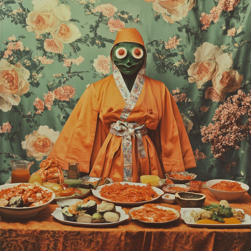 Creepy creature with kimchi and Korean folklore theme