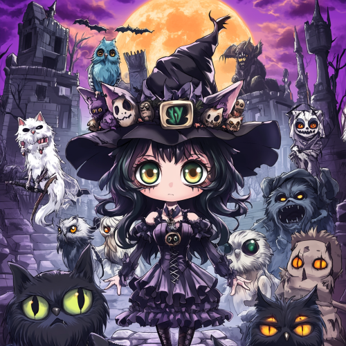 Creepy cute owls cosplaying in Halloween ruins