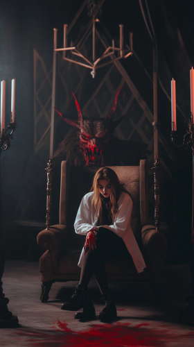 Creepy girl and demon in dark ritual scene