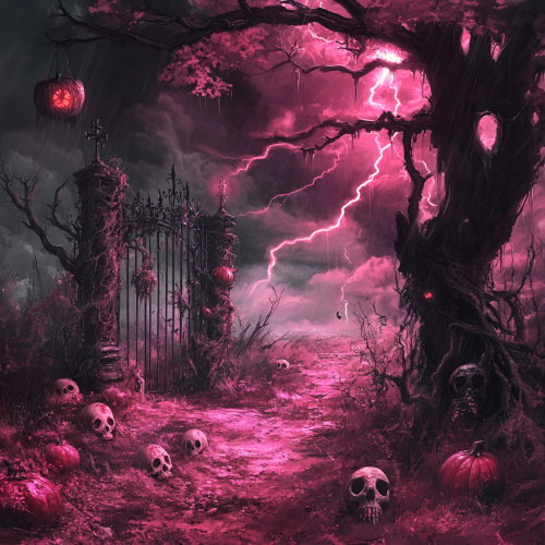 Creepy hot pink forest with skulls and jack-o-lanterns