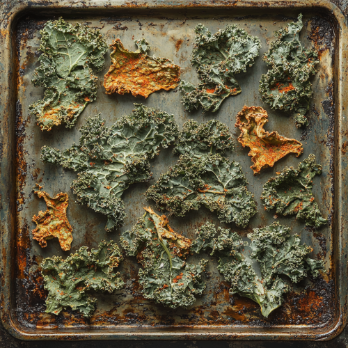 Crispy kale chips seasoned with paprika on tray