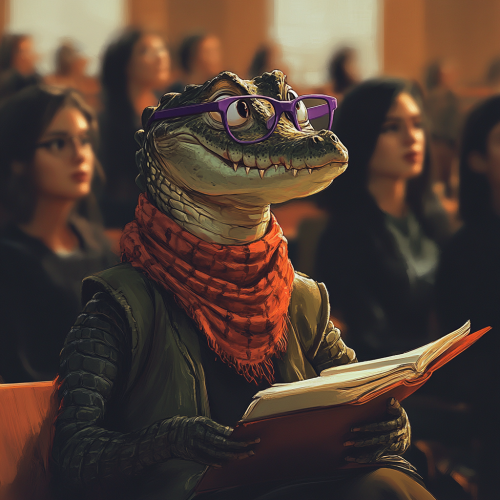 Crocodile in auditorium with red scarf watches young professor.