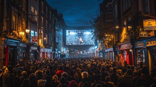 Crowded night street for big screen football watching