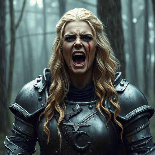 Crying knight with hooked nose in purple armor.