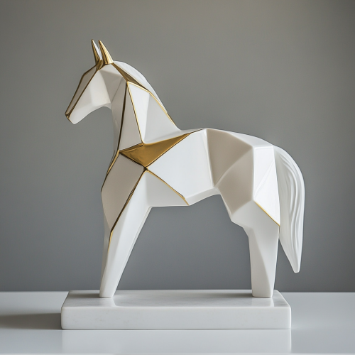 Cubist white horse sculpture with gold accents