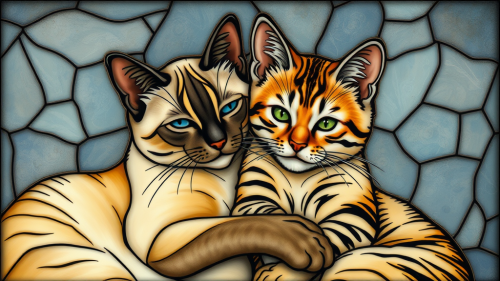 Cuddling Flame Point Siamese and Tabby Cat in Stained Glass