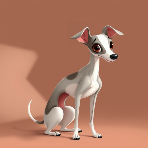 Curious White Italian Greyhound in French Animation Style