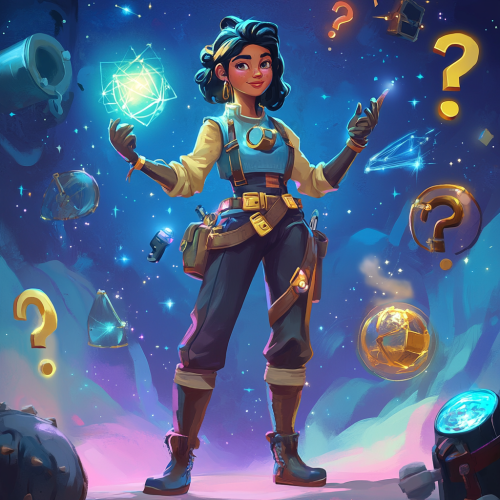 Curious explorer holds glowing object surrounded by symbols.