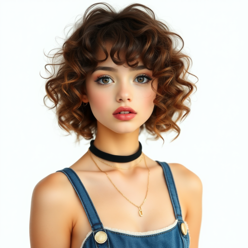 Curly-haired girl poses elegantly in stylish outfit.