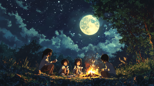 Cute Girl Roasting Marshmallows with Friends Under Moonlit Sky Cute Girl Roasting Marshmallows with Friends Under Moonlit Sky