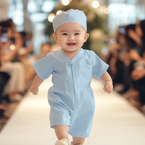 Cute baby in nurse's uniform confidently walks runway.