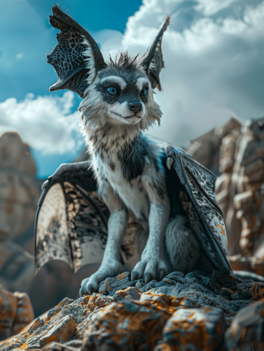 Cute dog-pterodactyl mix with wings in sunny landscape