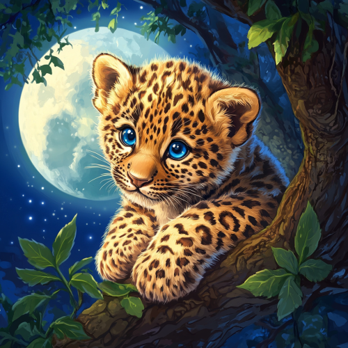 Cute fluffy leopard cub with blue eyes on tree Cute fluffy leopard cub with blue eyes on tree