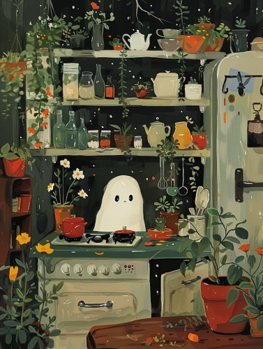 Cute ghost cooking in dark academic kitchen, oil painting.