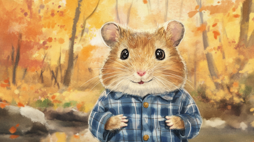 Cute hamster in blue shirt with autumn forest background