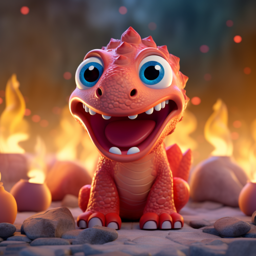 Cute red dinosaur child looking up at blue jellyfish.