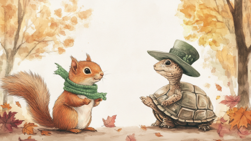 Cute squirrel and old turtle in forest