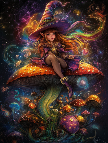 Cute witch on rainbow mushroom rides through space.
