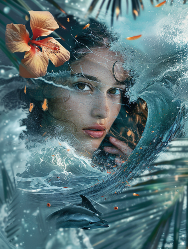 Cyberpunk dolphin in cosmic waves with beauty queen. Cyberpunk dolphin in cosmic waves with beauty queen.