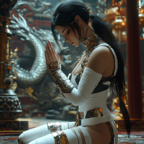 Cyborg woman in gold and black, praying in temple.