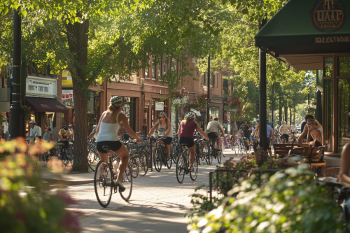 Cyclists ride in city with restaurants, shops