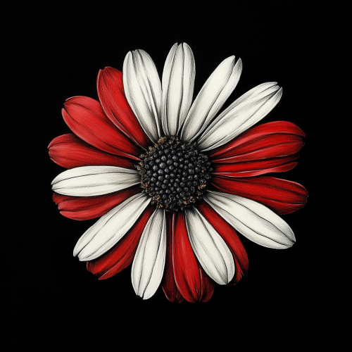 Daisy with white and red petals, minimalist drawing.