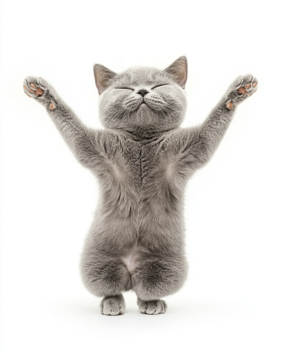 Dancing British Shorthair cat in gymnastic pose.