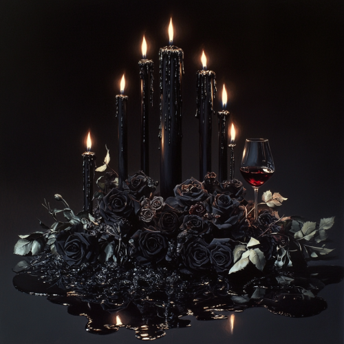 Dark, elegant, detailed floral arrangement with wine spill.