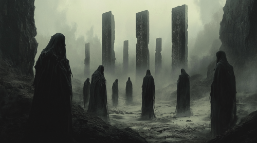 Dark, enigmatic Black Order knights in haunting ruins.