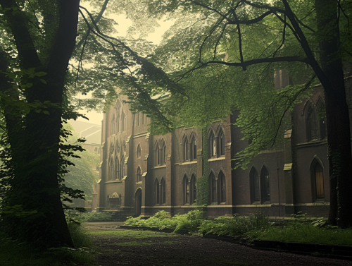 Dark Fantasy Abbey in Rainy Forest