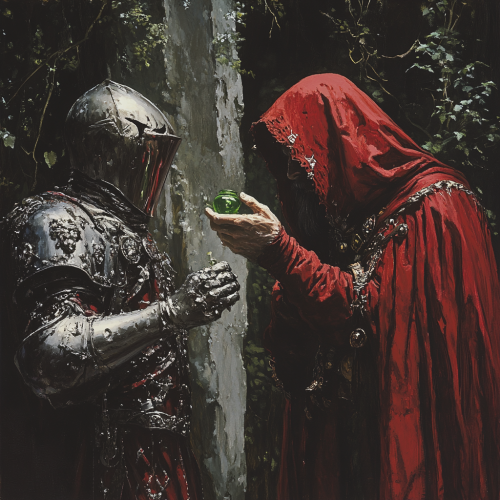 Dark Fantasy Elden Ring Wizard Offers Potion to Knight