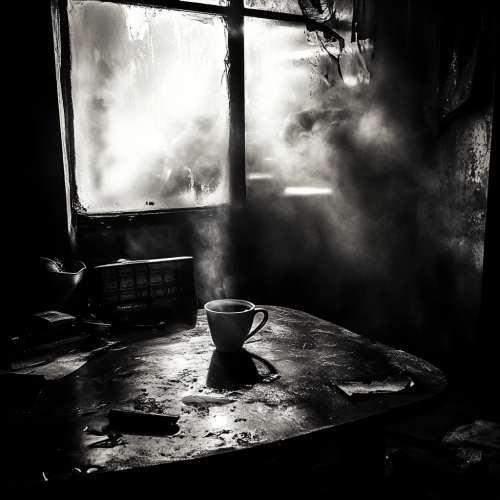 Dark Room with Tea Cup on Messy Table