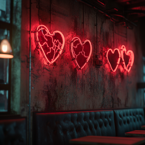 Dark Wall with Neon Broken Hearts and Kisses