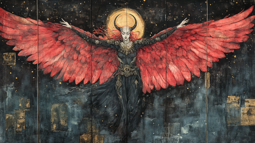 Dark armored fallen angel with fire halo and red wings.