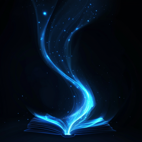 Dark background, flat vector book illuminated by blue energy.