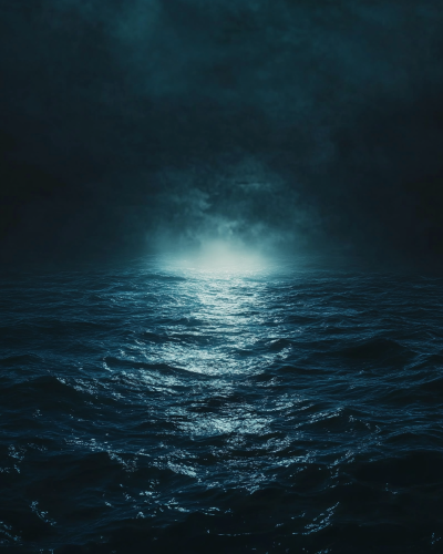 Dark cinematic night in deep black ocean depths. Dark cinematic night in deep black ocean depths.